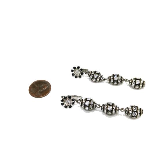 Vintage Dangle Long Black Floral Earrings, Clear Rhinestones, 1980s, 2 1/2" - Picture 9 of 10
